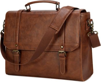 Messenger Bag for Men 15.6 inch Vintage Leather Waterproof Laptop Briefcase Large Computer Laptop Bag Leather Satchel Bag Retro Shoulder Bag for Office Business Travel College, Brown