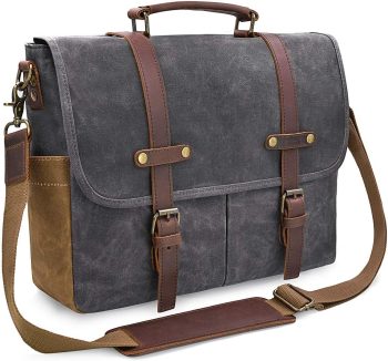 Men's Messenger Bag 15.6 Inch Waterproof Vintage Genuine Leather Waxed Canvas Briefcase Large Satchel Shoulder Bag Rugged Leather Computer Laptop Bag, Grey