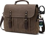 Vintage Men's Messenger Bag 15.6 inches Waterproof Genuine Leather Waxed Canvas Satchel Shoulder Bag Briefcase Laptop Bag with Charging,Headset Port,Brown