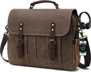 Vintage Men's Messenger Bag 15.6 inches Waterproof Genuine Leather Waxed Canvas Satchel Shoulder Bag Briefcase Laptop Bag with Charging,Headset Port,Brown