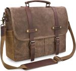 Men's Messenger Bag 15.6 Inch Waterproof Vintage Genuine Leather Waxed Canvas Briefcase Large Leather Computer Laptop Bag Rugged Satchel Shoulder Bag, Brown
