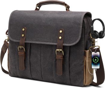 Vintage Men's Messenger Bag 15.6 inches Waterproof Genuine Leather Waxed Canvas Satchel Shoulder Bag Briefcase Laptop Bag with Charging,Headset Port Gray